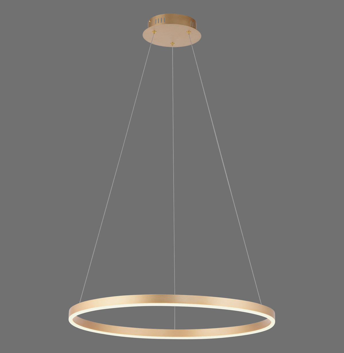 Suspension anneau lumineux en laiton mat sur fond gris, vue de face.