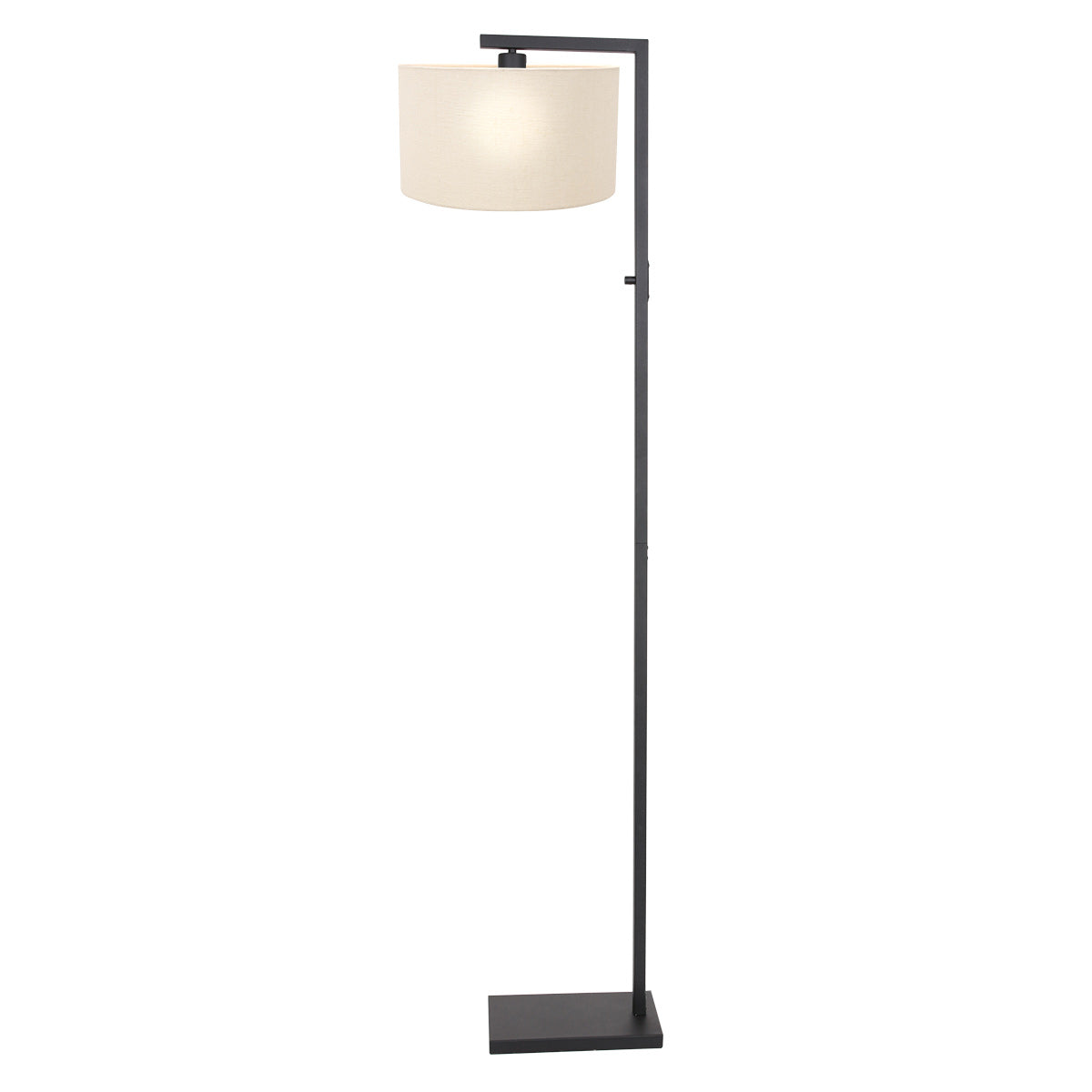 Lampadaire droit vu de face, abat-jour cylindrique blanc allumé sur structure métal noir