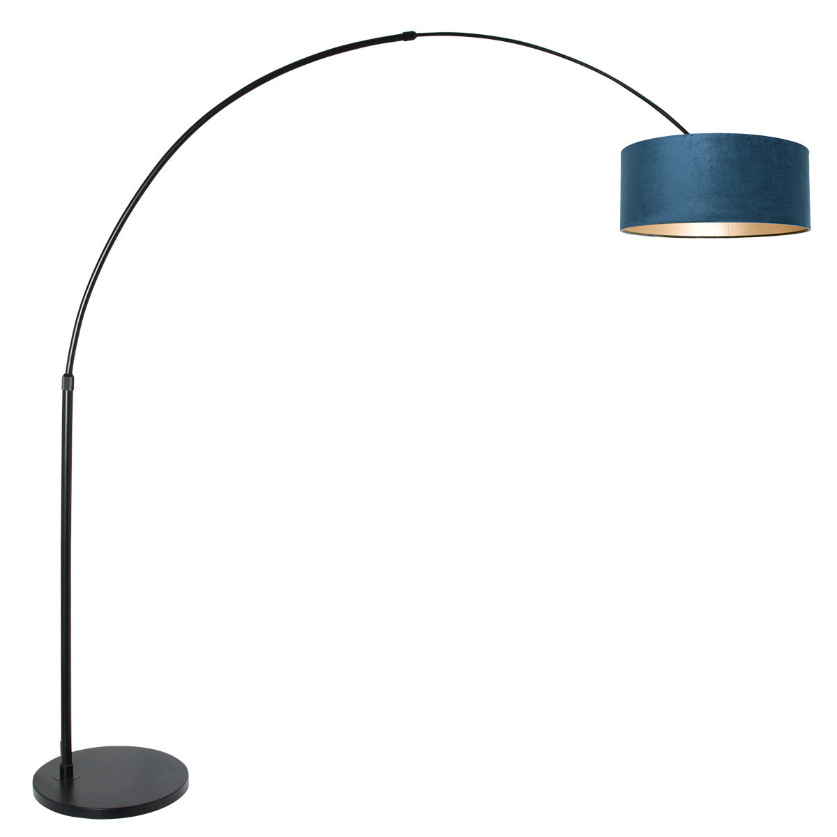 Vue d'ensemble du luminaire sur fond blanc, pied rond et arche fine