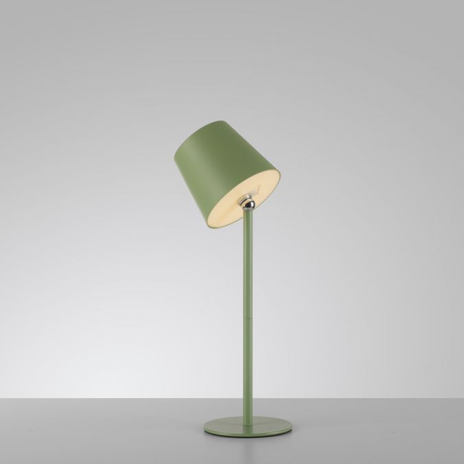 Lampe verte de trois quarts, abat-jour incliné, tige fine et socle rond sur fond gris