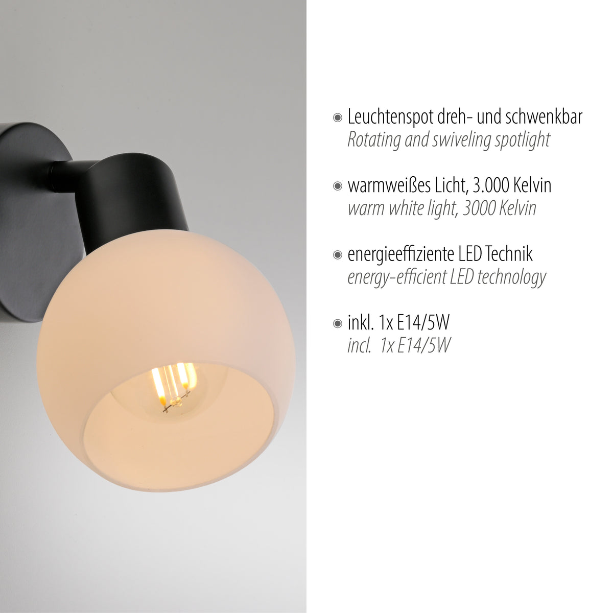 Détail du globe en verre et de l'ampoule LED E14, avec informations techniques à droite.