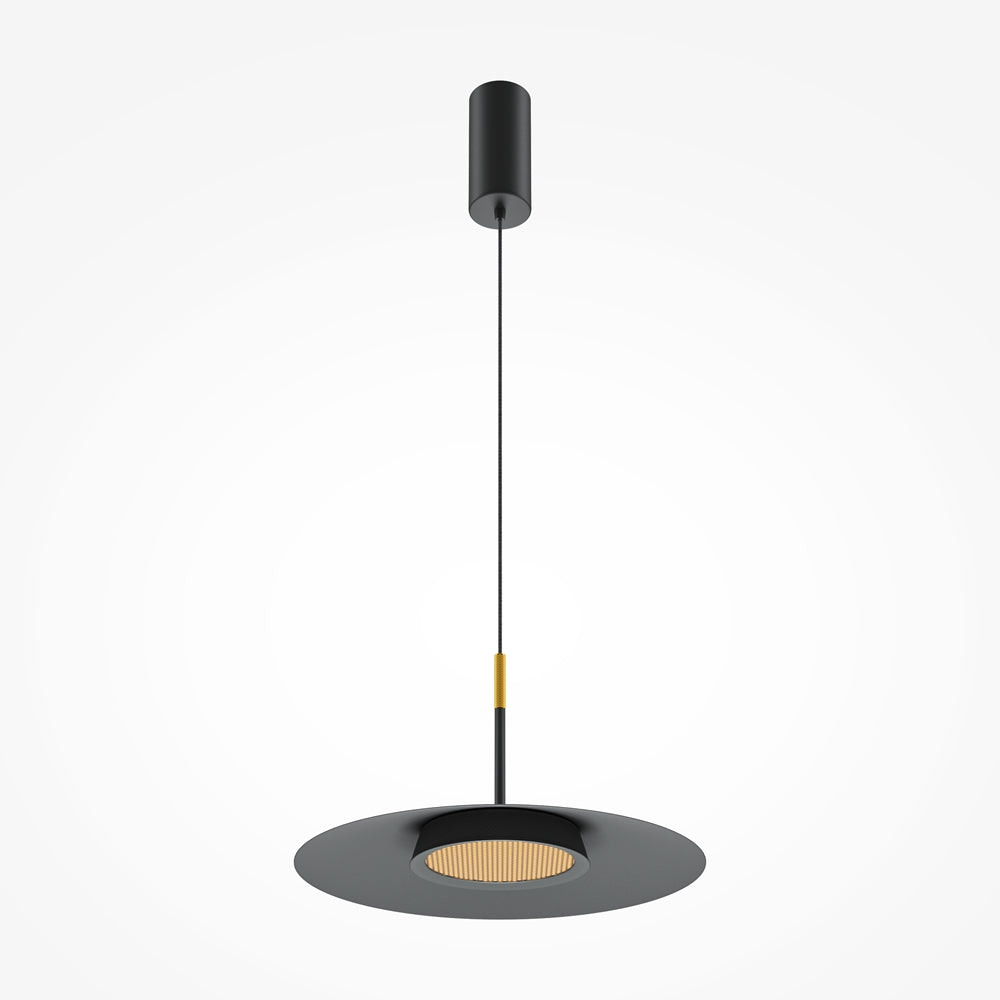 Luminaire seul sur fond blanc, vue de face avec sa suspension noire.