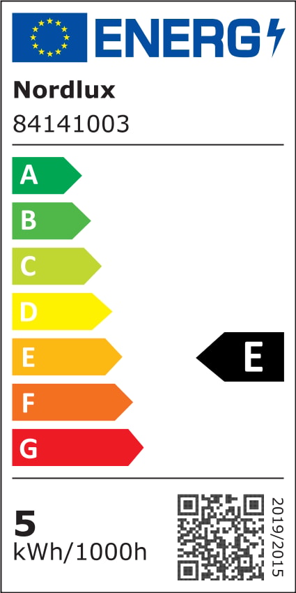 Étiquette énergie européenne du fabricant, classe E et consommation de cinq kilowattheures
