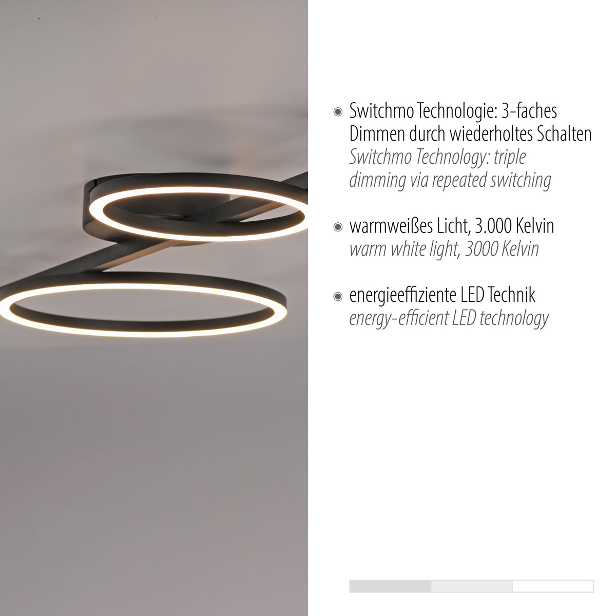 Détail de la finition et texte présentant la gradation en trois étapes et lumière chaude.