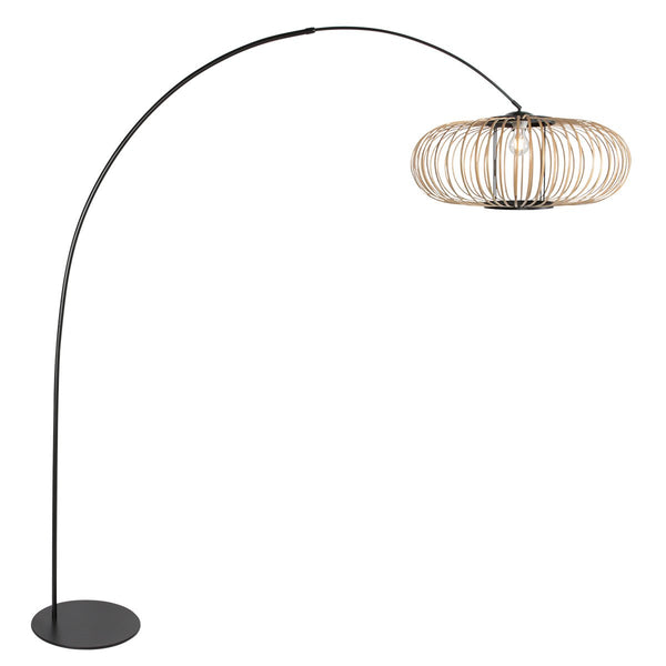 Lampadaire Anne-Curve noir, arc, abat-jour en bambou Ø60 cm, réf. 4518ZW
