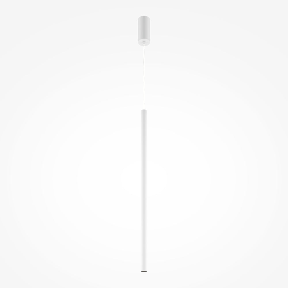 Suspension blanche de face avec long tube vertical, câble et rosace au plafond
