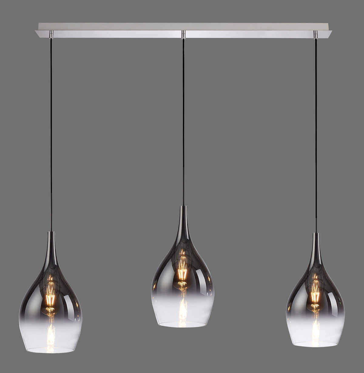 Suspension triple en verre fumé dégradé, support chromé et ampoules allumées visibles
