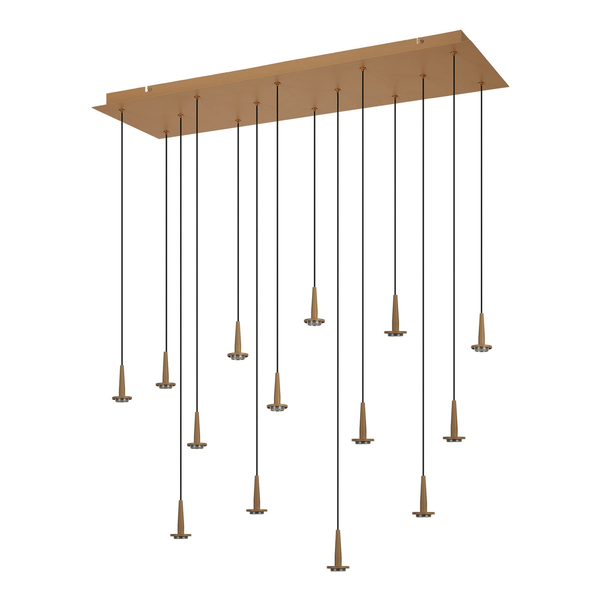 Suspension dorée à câbles multiples et petits diffuseurs coniques, vue de face sur fond blanc