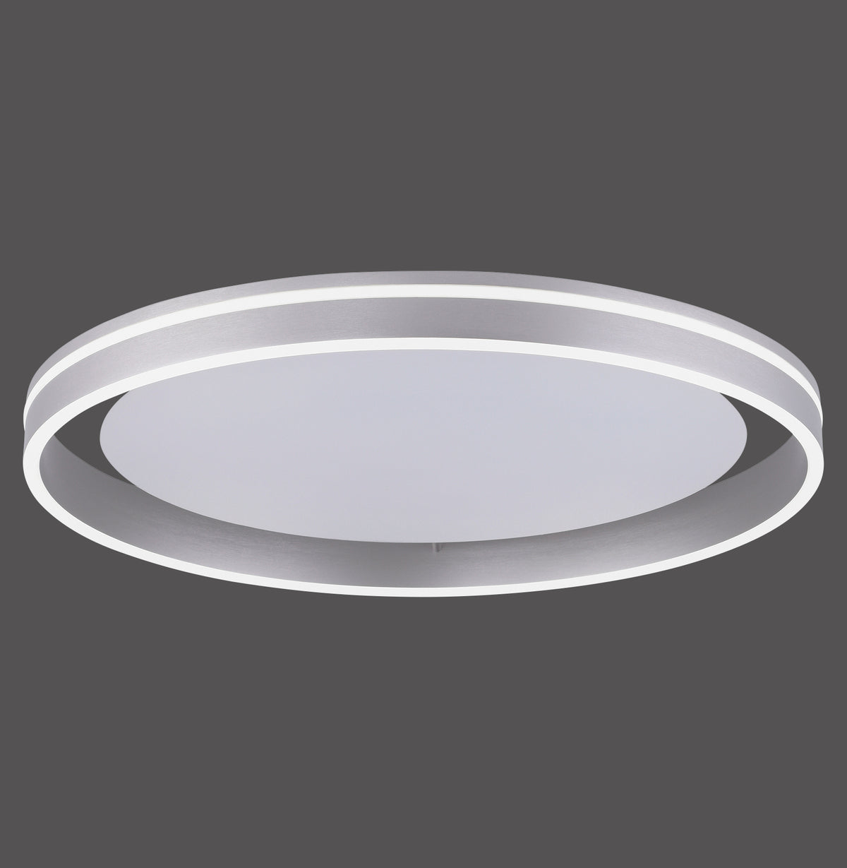 Plafonnier rond en acier brossé avec anneau lumineux LED et diffuseur opale central