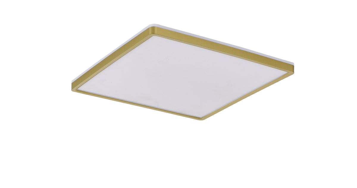 Plafonnier carré doré vu de face, large diffuseur blanc et fin encadrement métallique