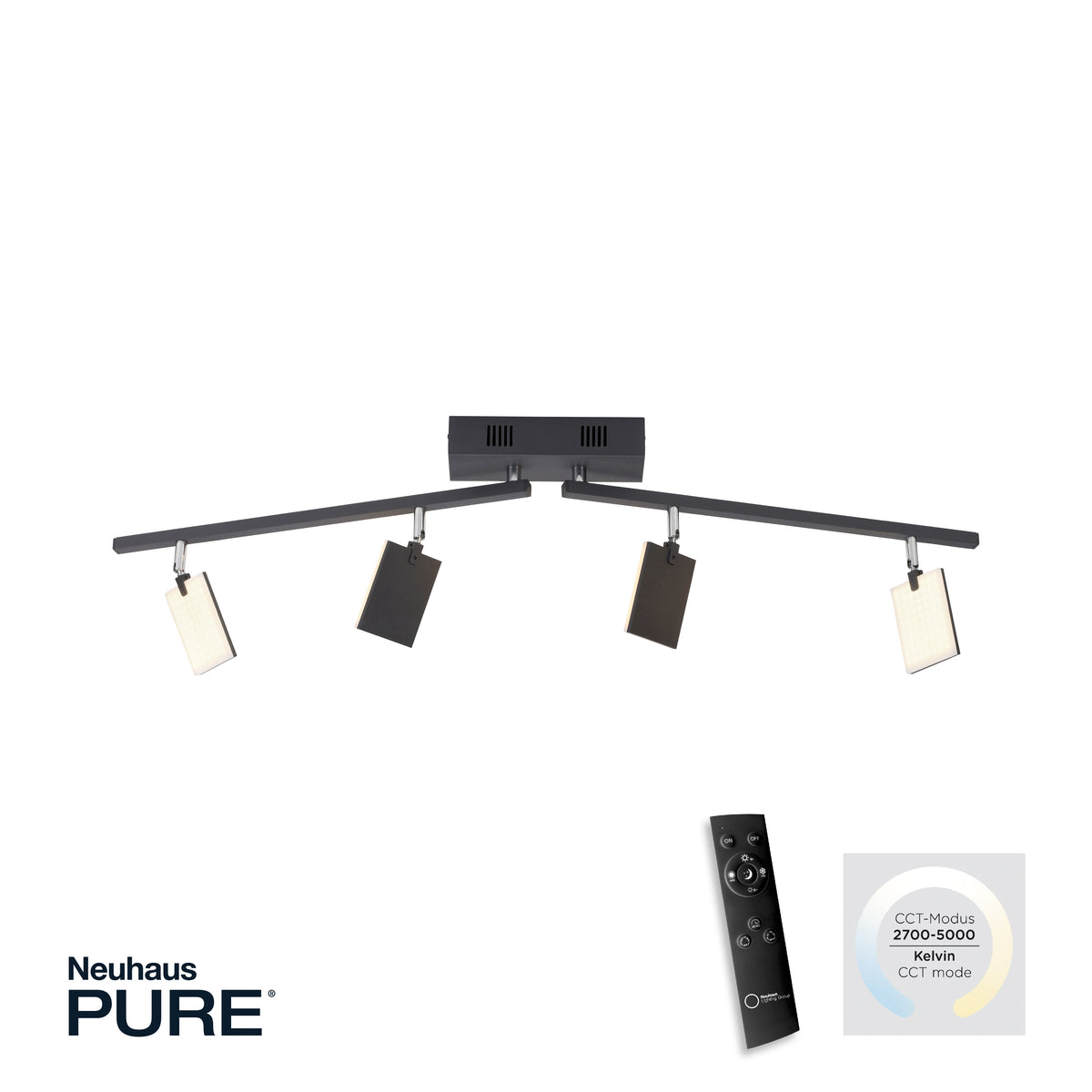 Vue du luminaire avec sa télécommande et le réglage CCT de 2700 à 5000 kelvins.