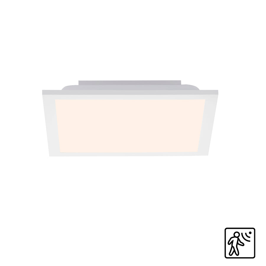 Vue légèrement inclinée du luminaire blanc avec pictogramme de détection de mouvement