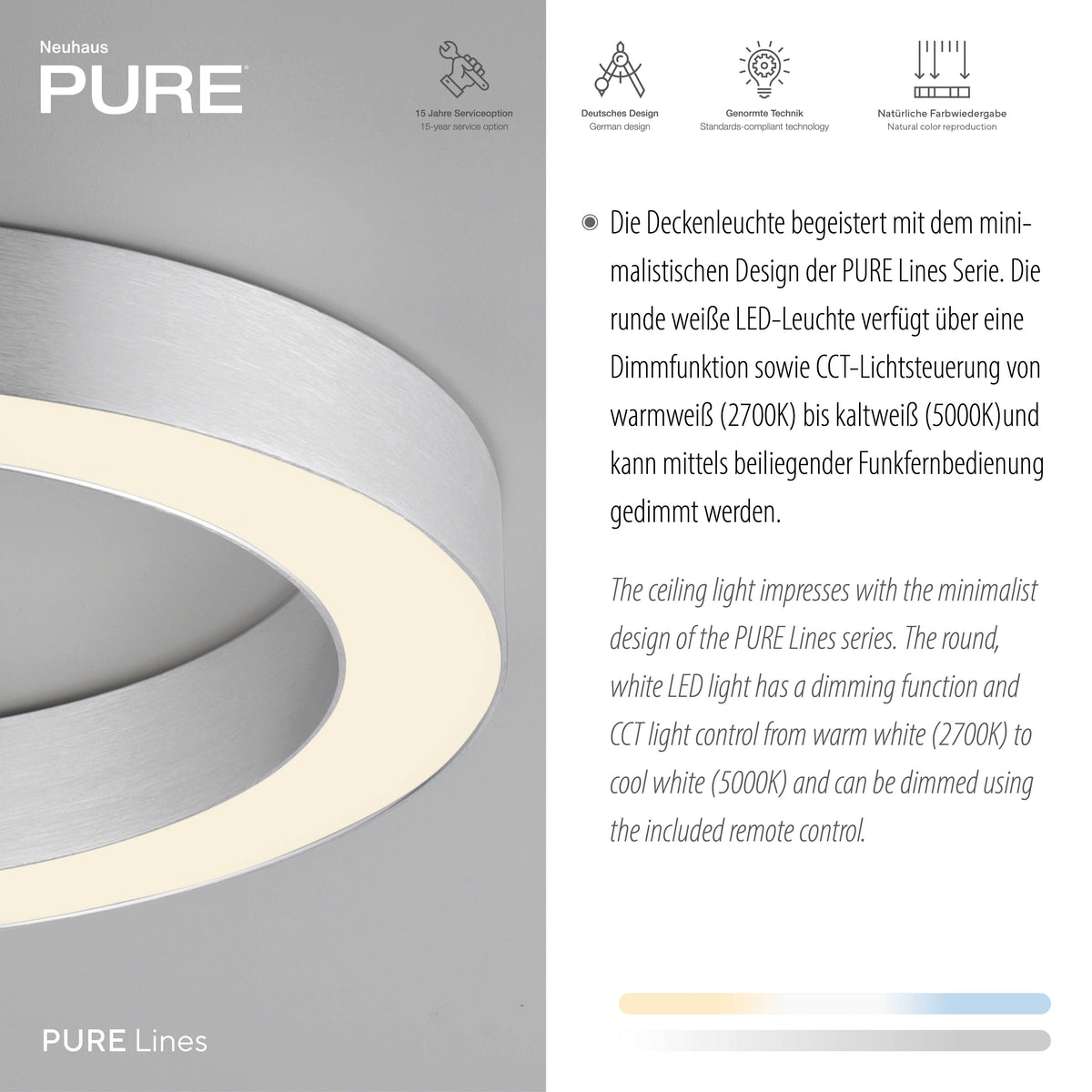 Détail rapproché de la finition brossée et du bandeau LED blanc lumineux