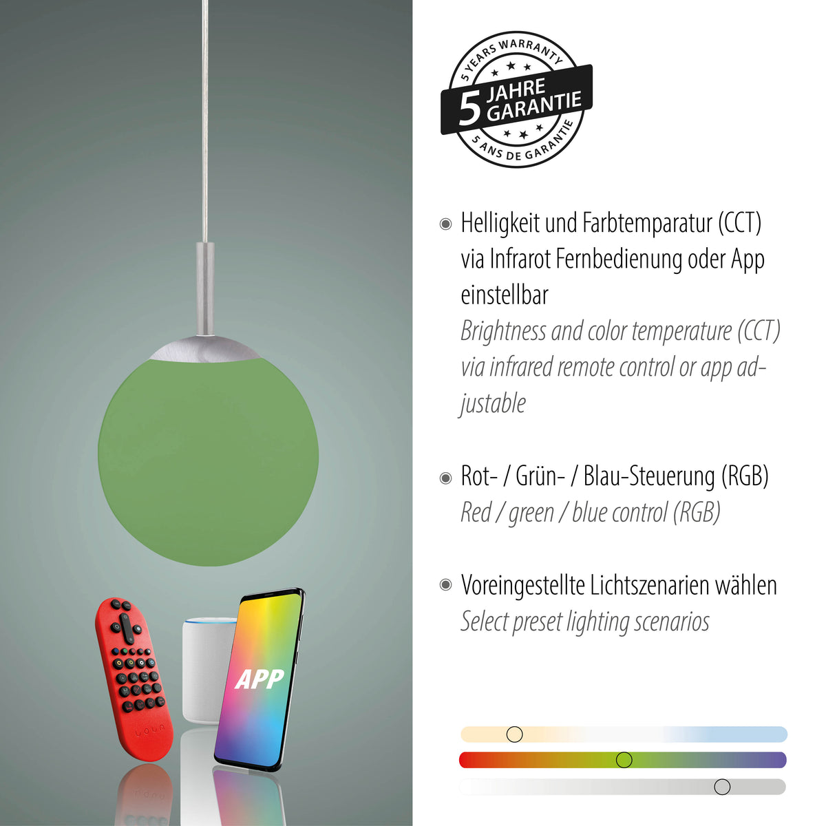 Visuel de la garantie cinq ans accompagnant les fonctions connectées du luminaire