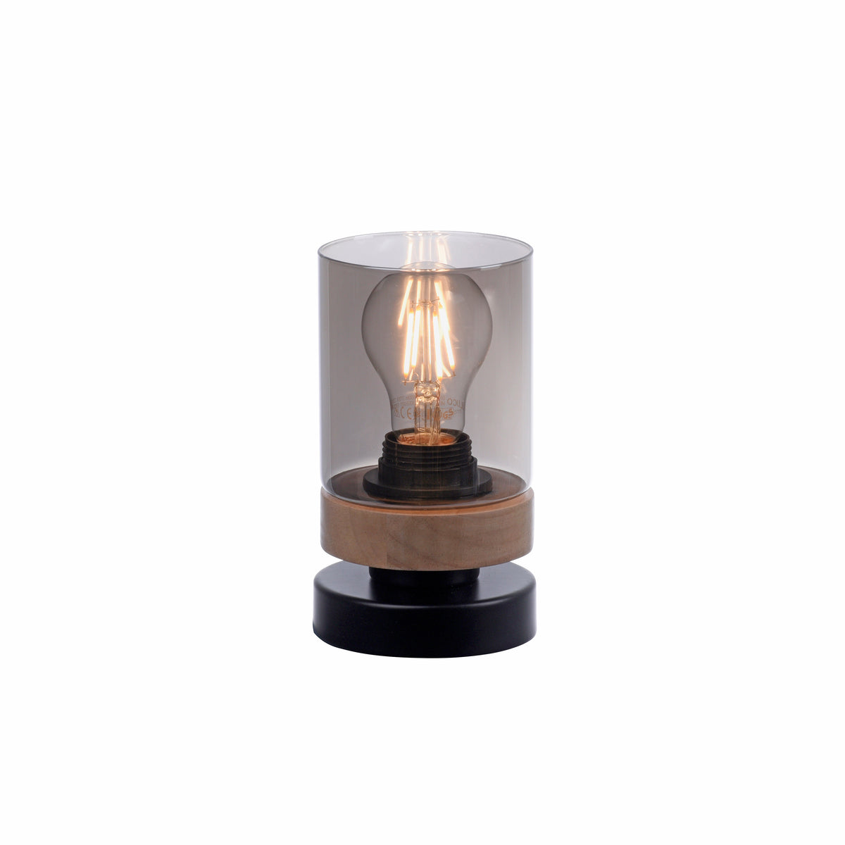 Vue de face sur fond blanc du luminaire à poser, verre cylindrique et base ronde noire.