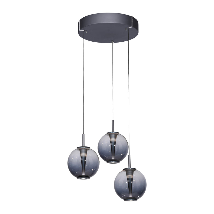 Vue détourée sur fond blanc des trois globes suspendus et de la platine noire
