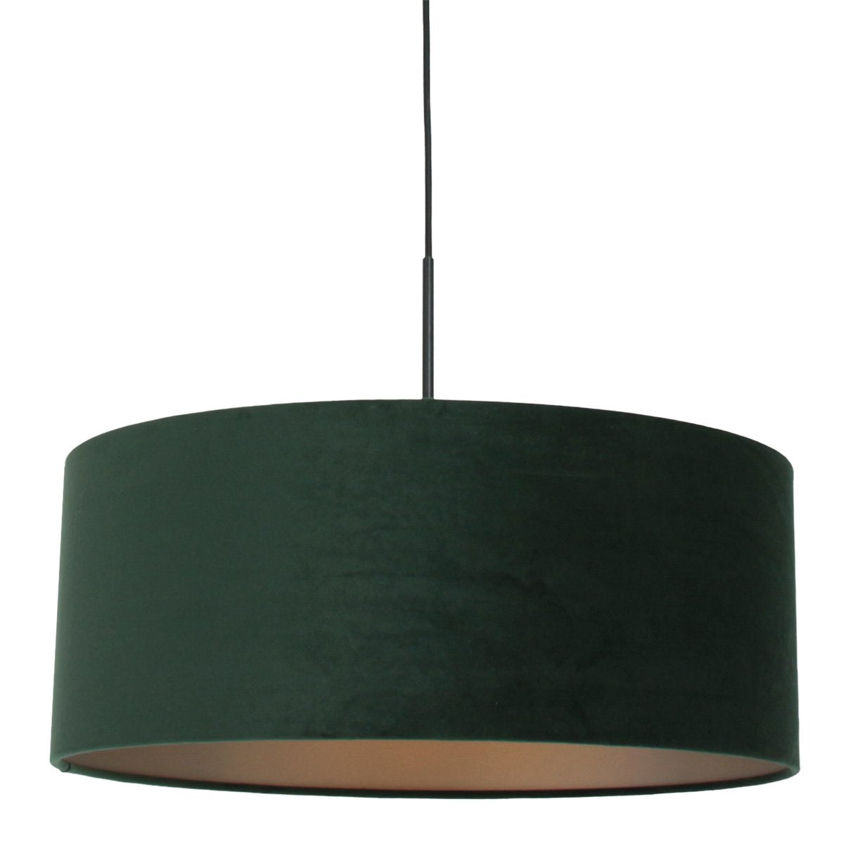 Abat-jour tambour en velours vert foncé vu de face, câble noir au centre