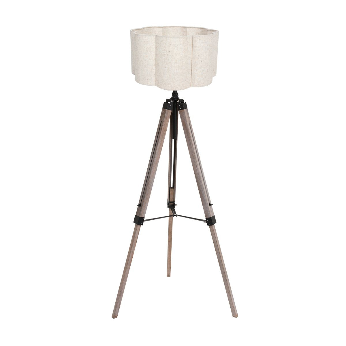 Lampadaire trépied en bois et métal noir, abat-jour crème festonné, vue de face