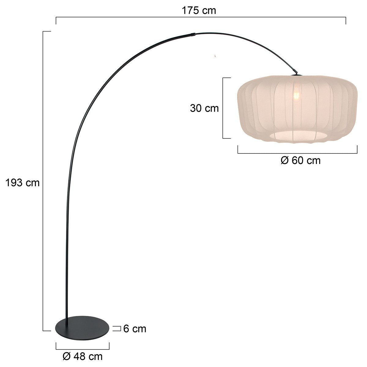 Schéma coté du lampadaire avec hauteur, largeur et diamètre de l'abat-jour