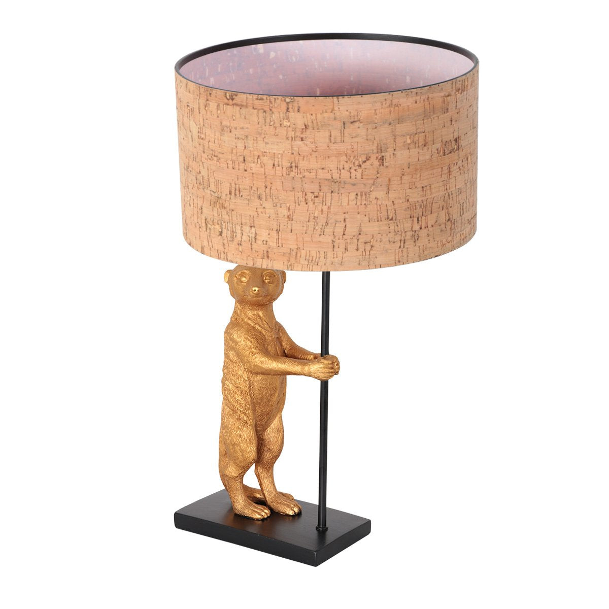 Vue en légère plongée du luminaire, animal doré et abat-jour arrondi en liège.