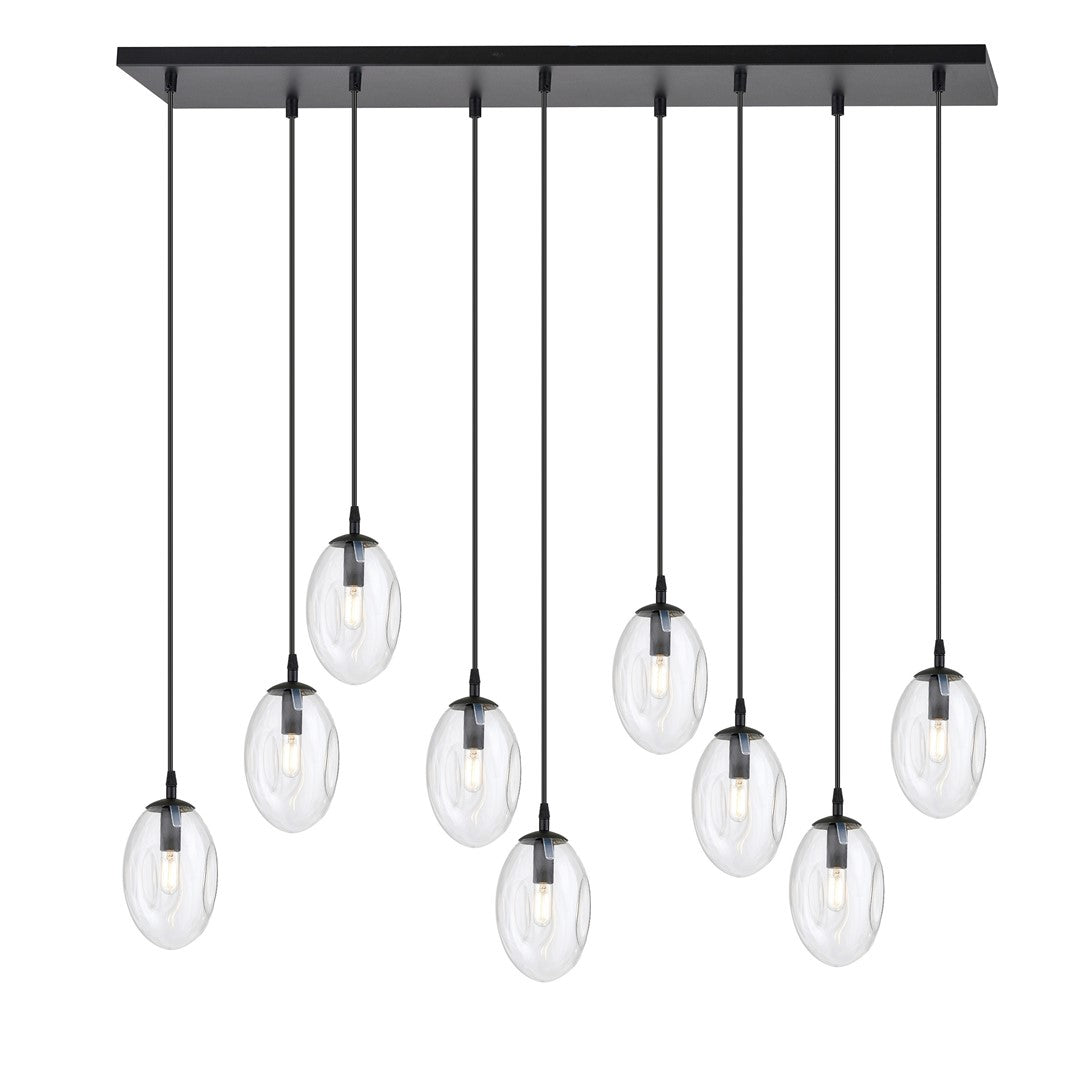 Suspension noire à neuf globes ovales en verre transparent, vue de face sur fond blanc