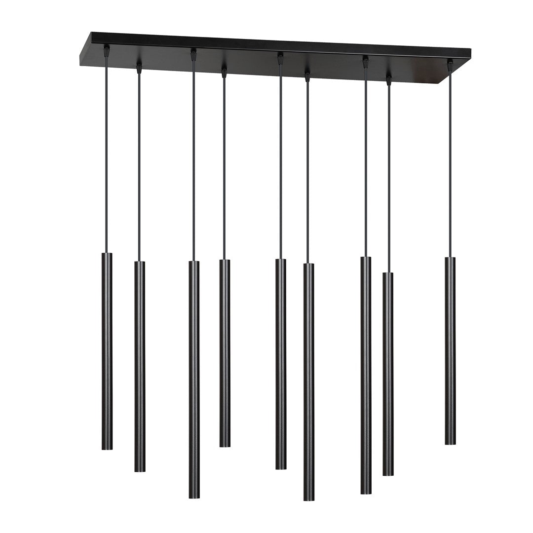Suspension noire à neuf tubes verticaux suspendus sous un grand support rectangulaire