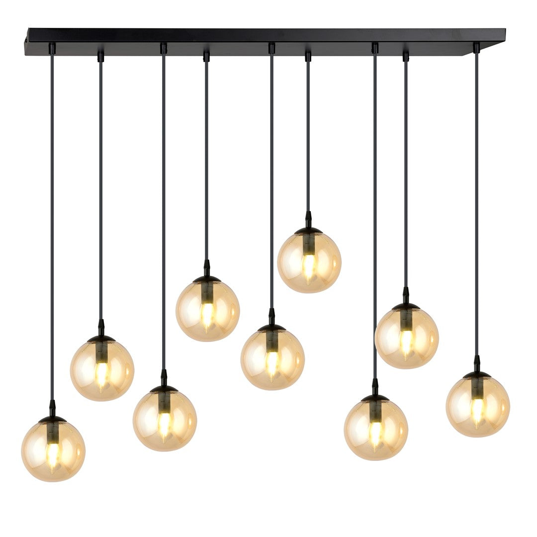 Suspension neuf globes en verre ambré sur barre noire, produit de face