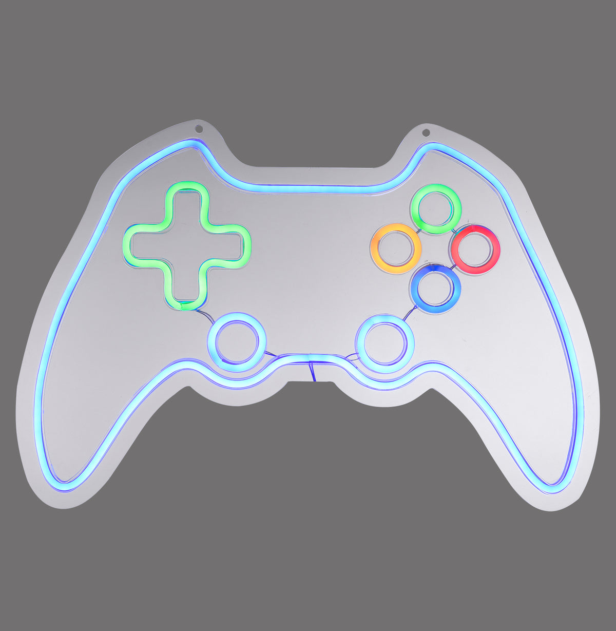 Applique murale néon en forme de manette de jeu multicolore, vue de face.