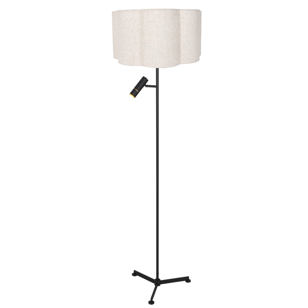 Vue de trois quarts du lampadaire, abat-jour textile clair et spot réglable