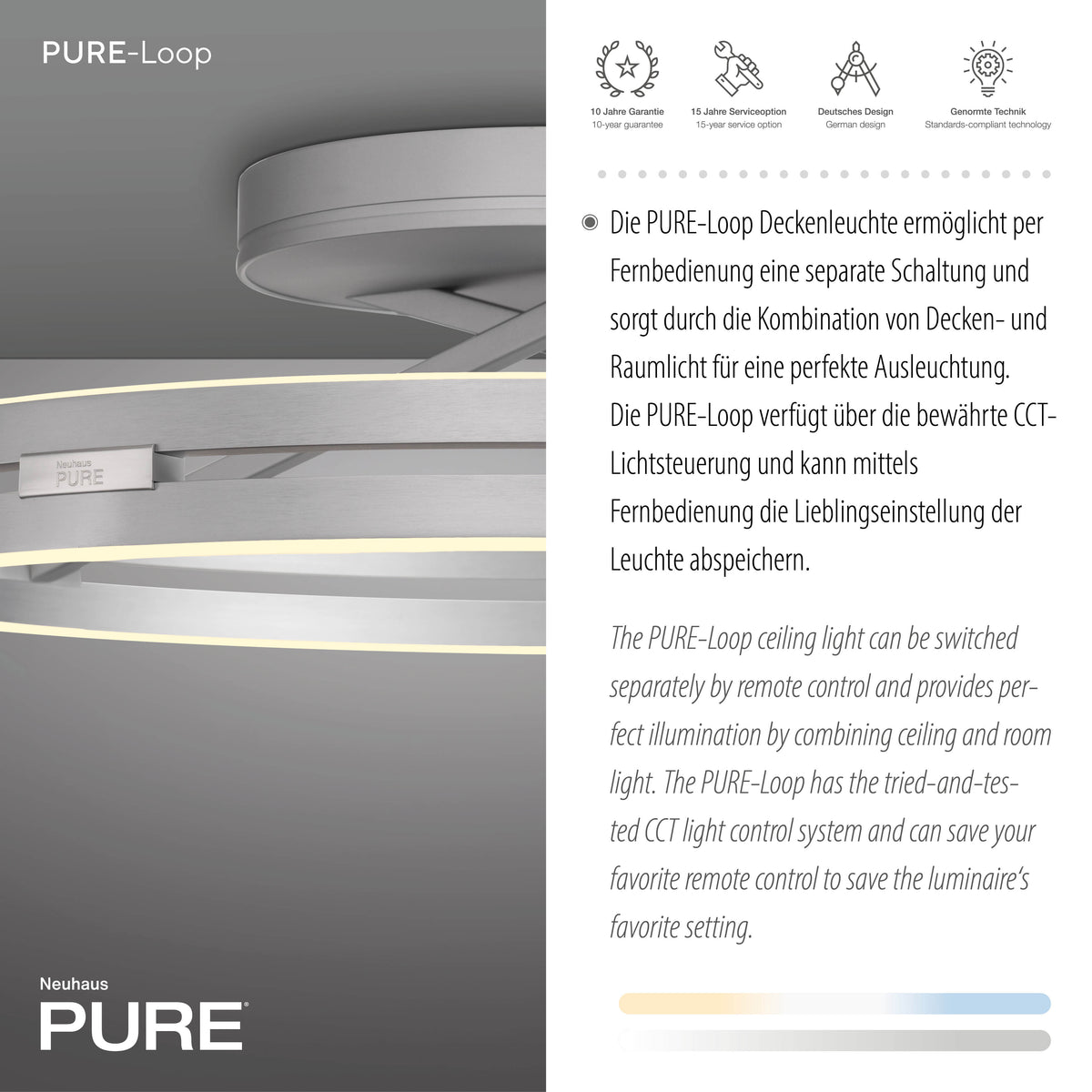 Gros plan du luminaire et mention de la garantie dix ans en allemand