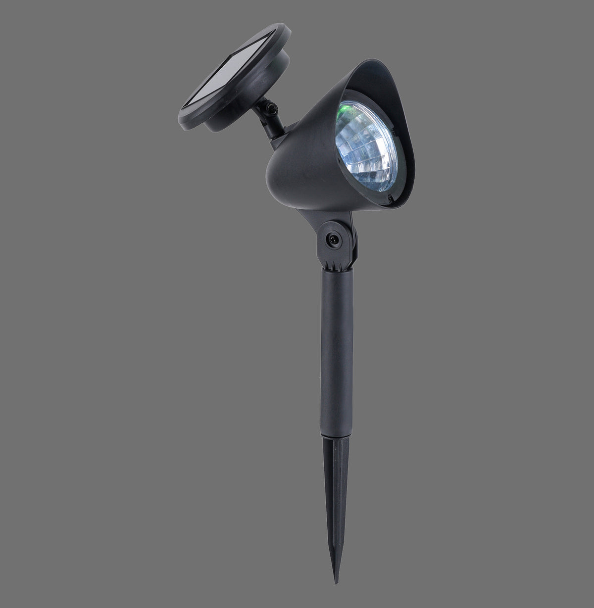 Projecteur solaire noir avec panneau rond et piquet à planter au sol