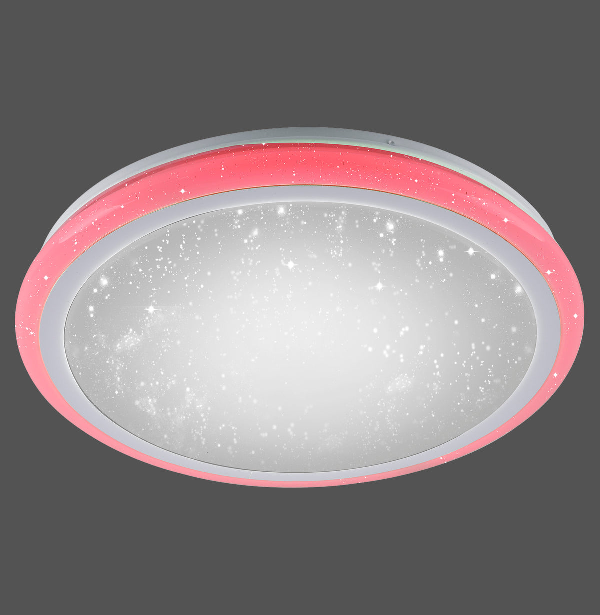 Plafonnier rond blanc à anneau rose, effet ciel étoilé, vue de dessous