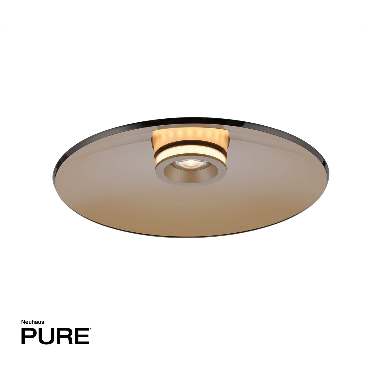 Vue de dessous du luminaire rond montrant le diffuseur central et sa lumière