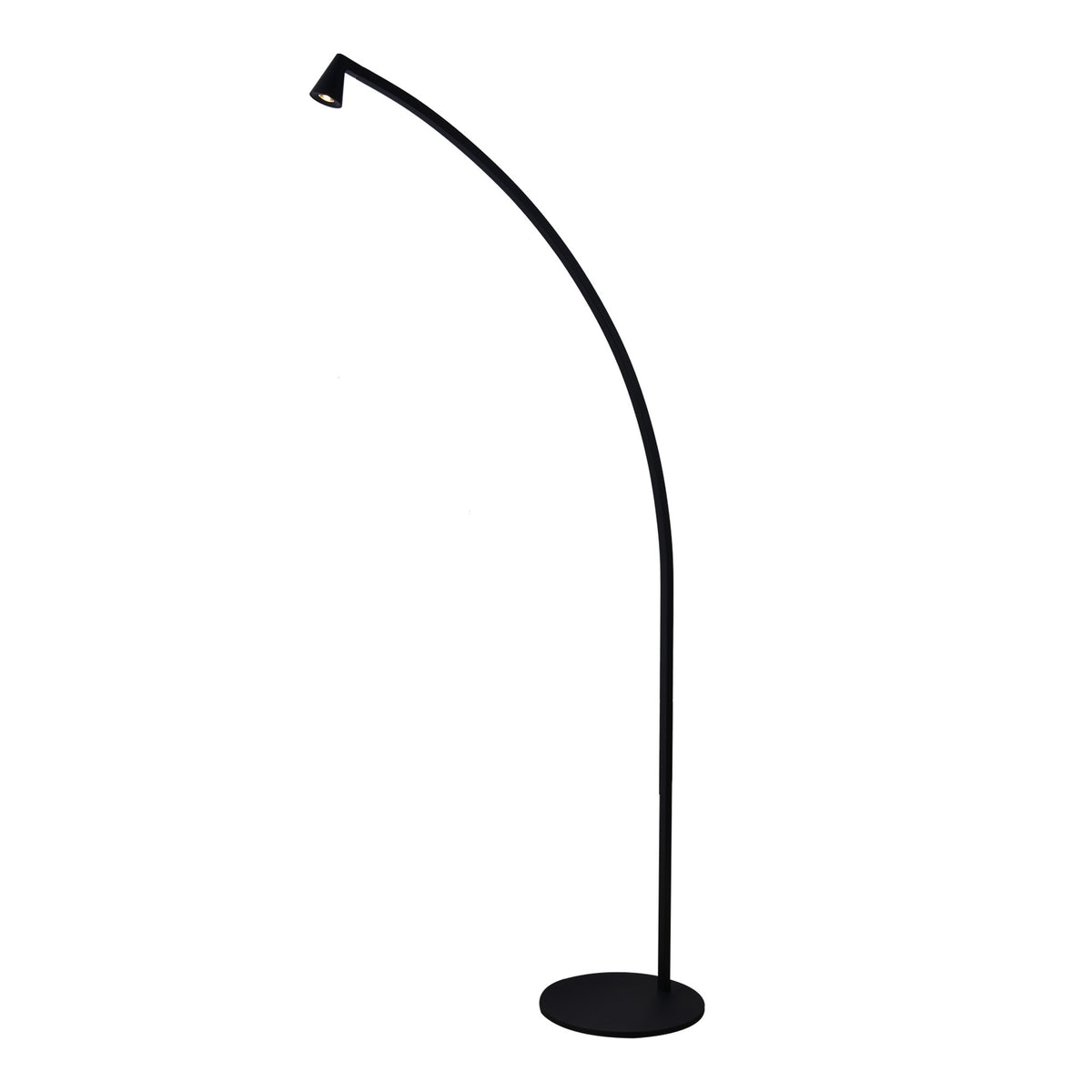Lampadaire noir au long bras arqué et base ronde, de profil sur fond blanc