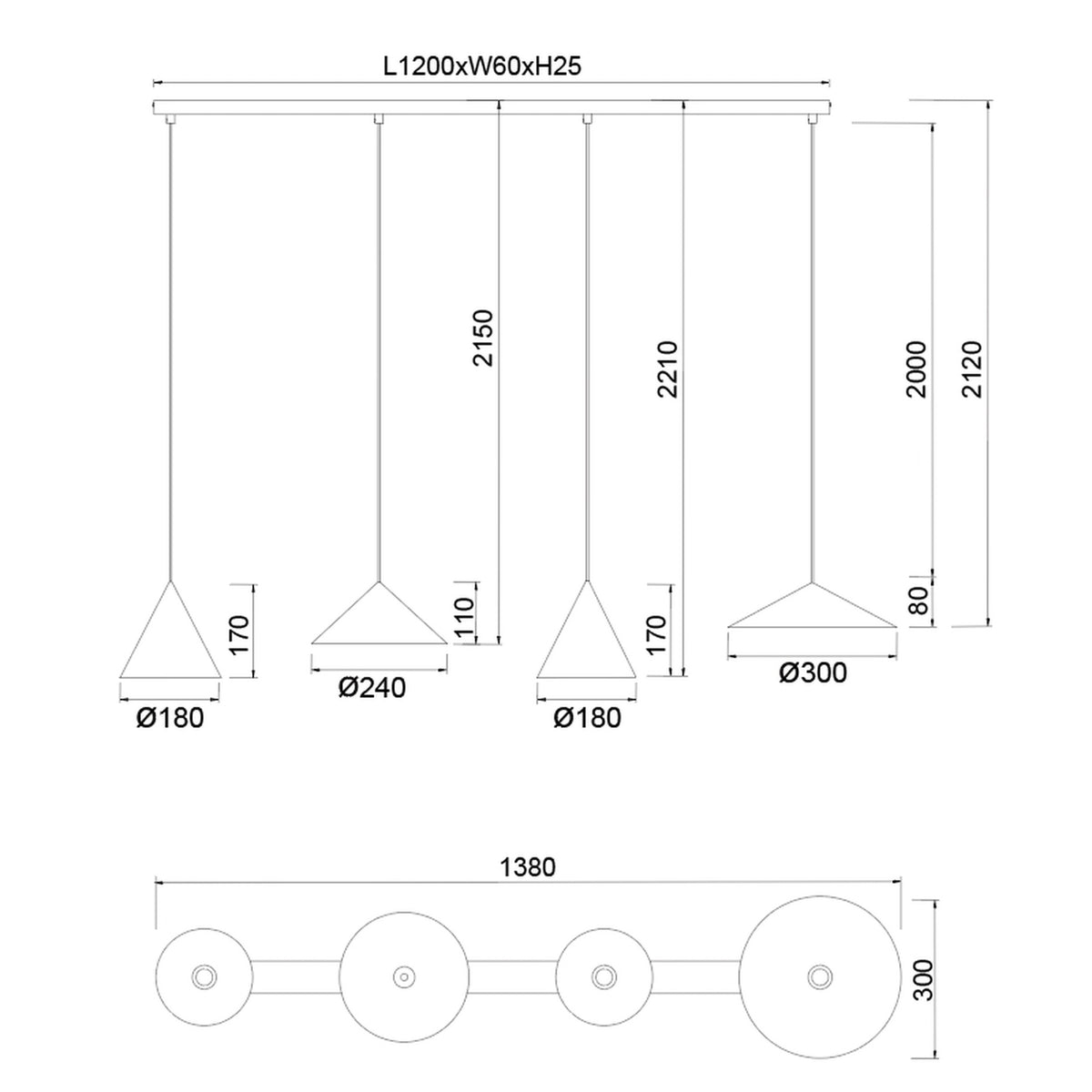 Suspension LED Cono linéaire cuir, cuivrée et noire