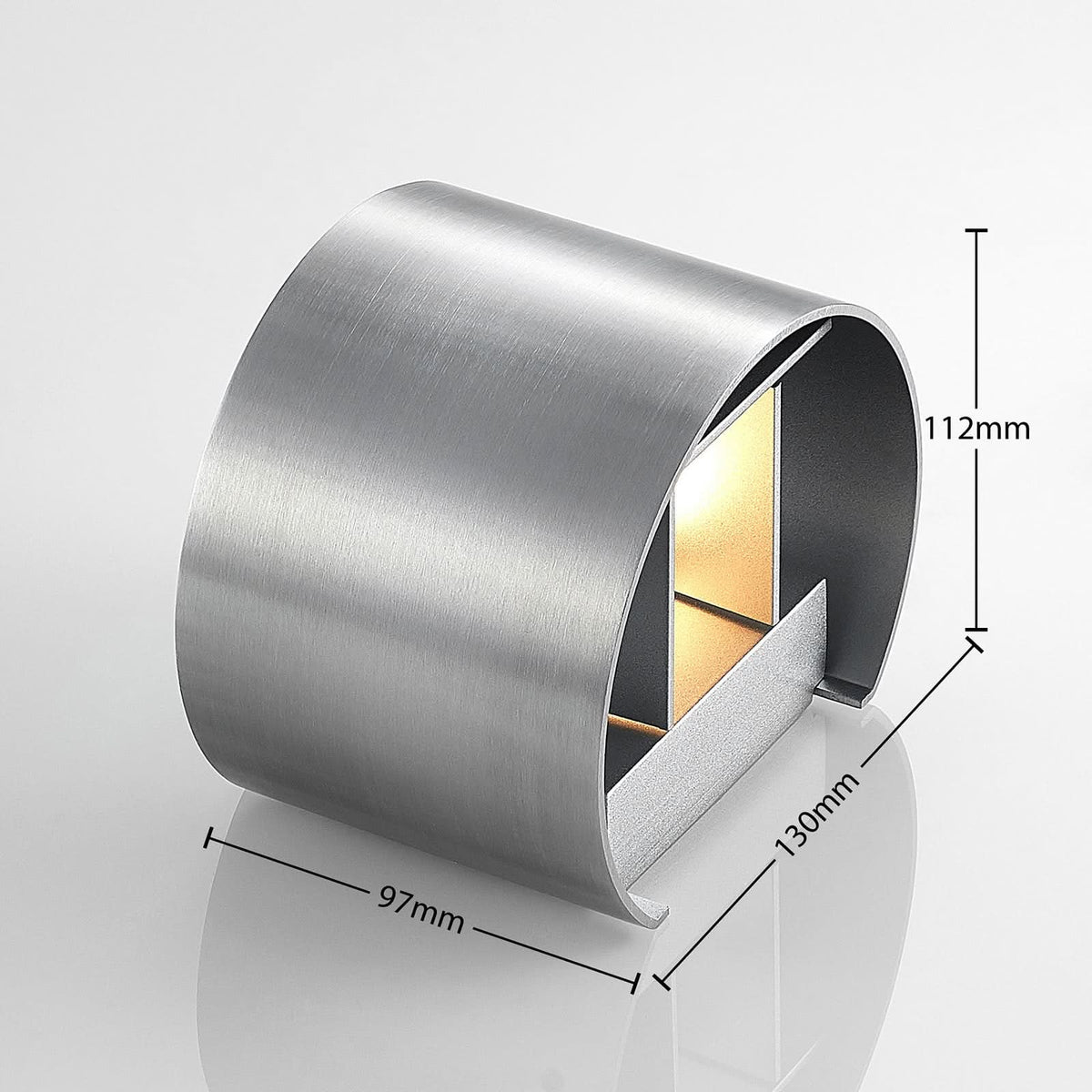 Schéma de dimensions de l'applique avec cotations 97, 112 et 130 mm, vue en coupe.