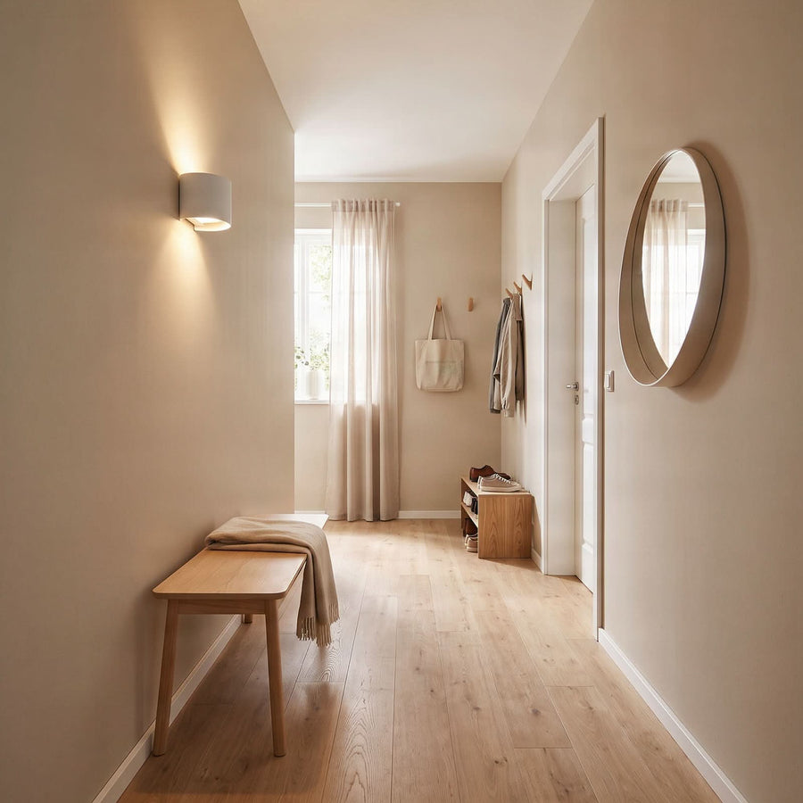 Couloir lumineux avec applique murale allumée à gauche et miroir rond à droite.
