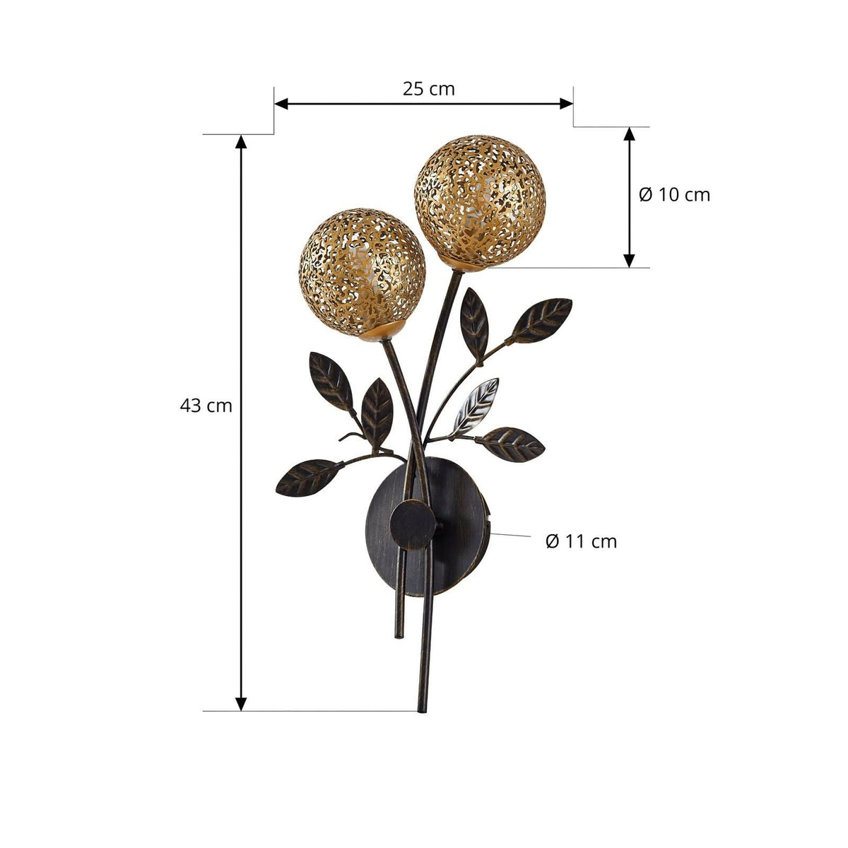 Applique murale Evory en métal, noir et doré, 2 lumières, hauteur 43,5 cm
