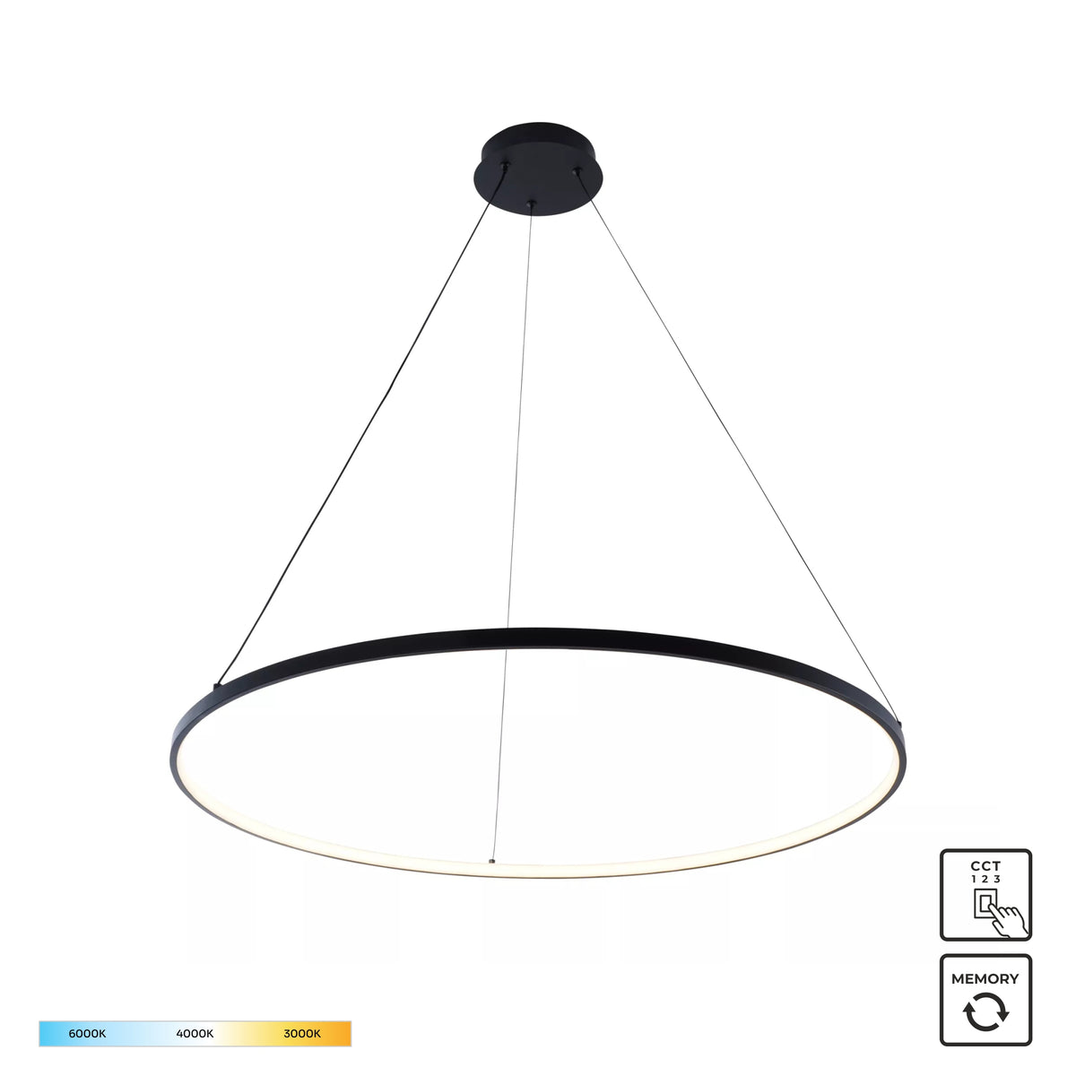 Suspension anneau noir LED, sélecteur CCT et mémoire, échelle 3000K à 6000K