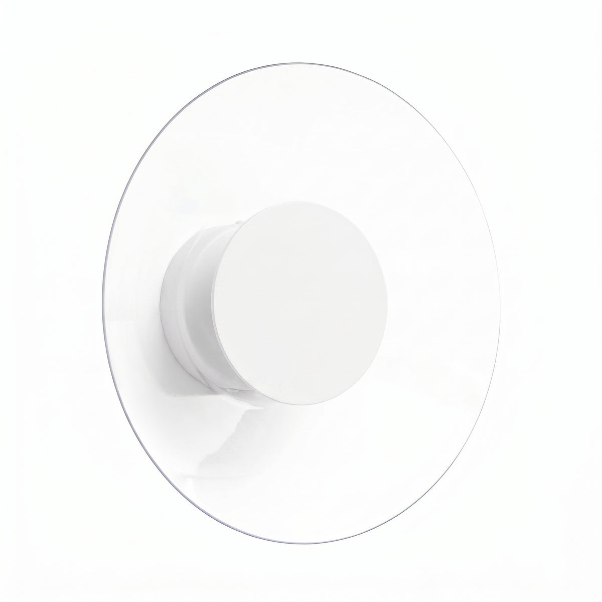 Applique murale ronde blanche, disque de verre transparent, vue de face sur fond clair