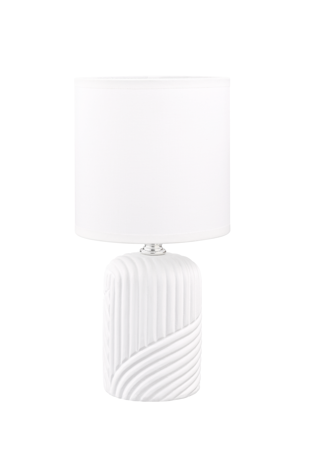 Lampe à poser blanche en céramique, face, abat-jour cylindrique et base texturée.