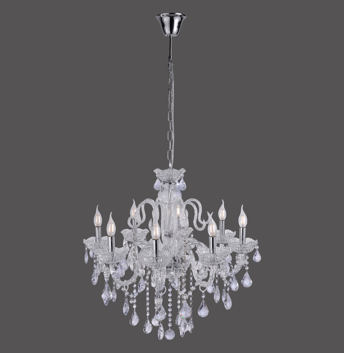 Suspension en verre transparent à huit lumières, vue de face sur fond gris