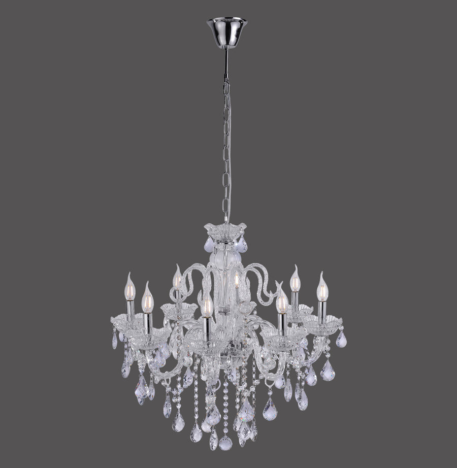 Suspension en verre transparent à huit lumières, vue de face sur fond gris