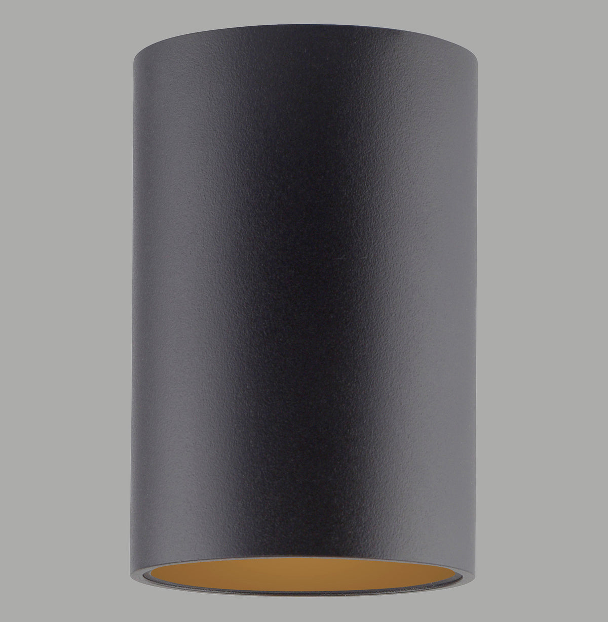 Vue de face d'un plafonnier cylindrique noir avec intérieur doré, sur fond gris uni.