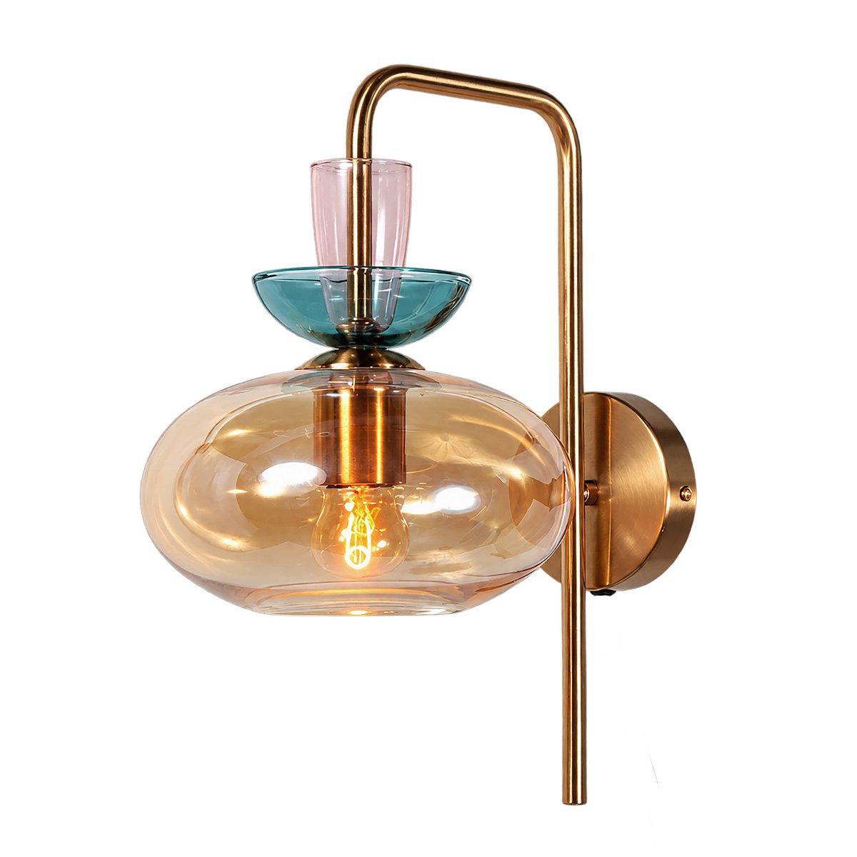 Vue opposée de l’applique, montrant la platine à droite et le verre ambré bombé.