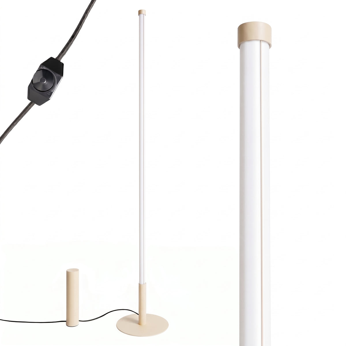 Lampadaire blanc sur pied, variante beige, tube lumineux vertical et variateur rotatif