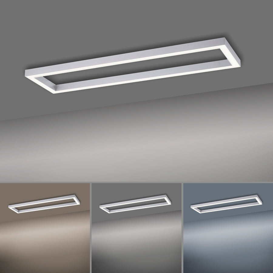 Vue du luminaire éclairé dans trois ambiances de lumière chaude, neutre et froide