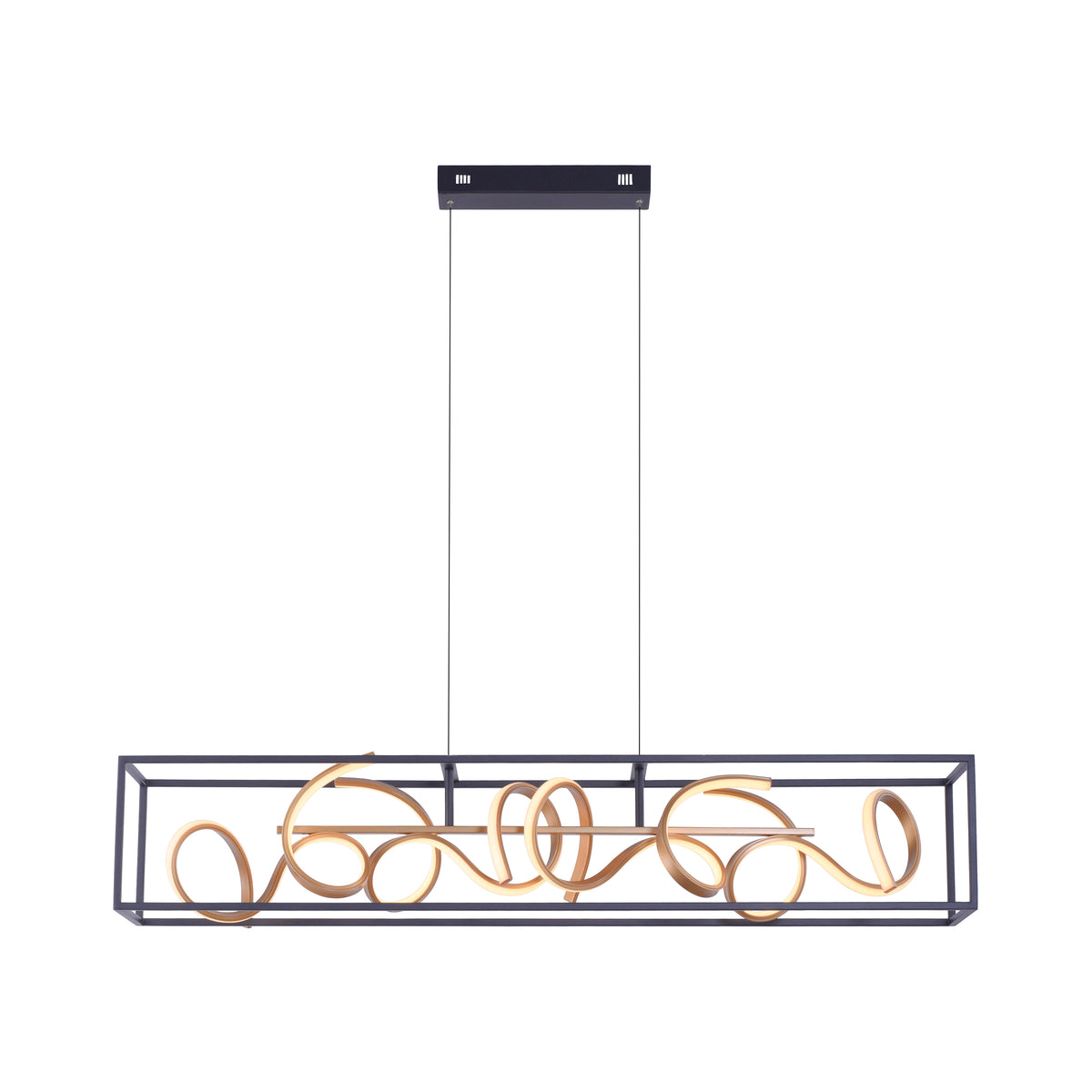 Plan large du luminaire sur fond blanc, structure rectangulaire noire bien visible