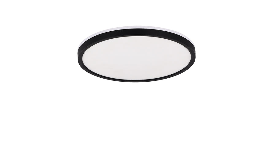 Plafonnier rond noir vu de face, diffuseur blanc opale et large cerclage noir