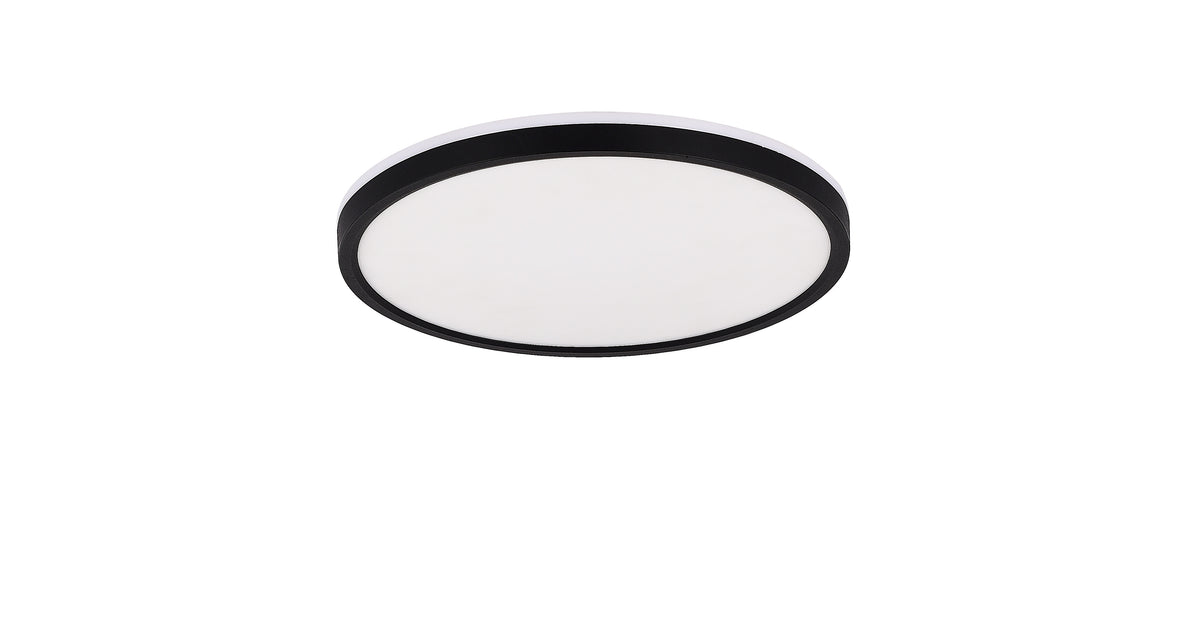 Vue de face du plafonnier rond, cerclage noir et diffuseur blanc opale